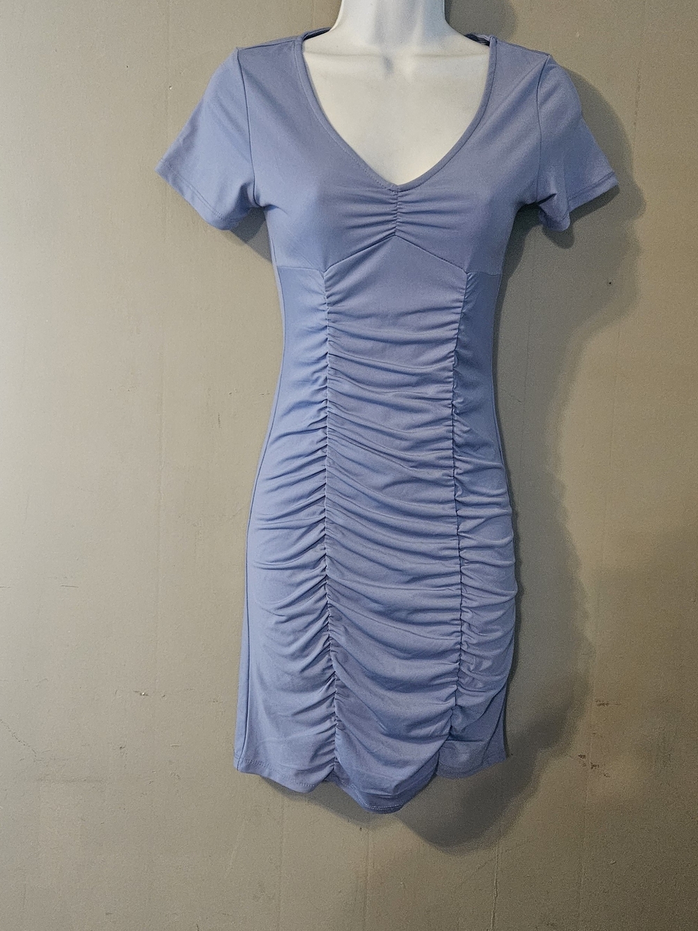 Ambiance Ruched V-Neck Mini Dress in Light Blue